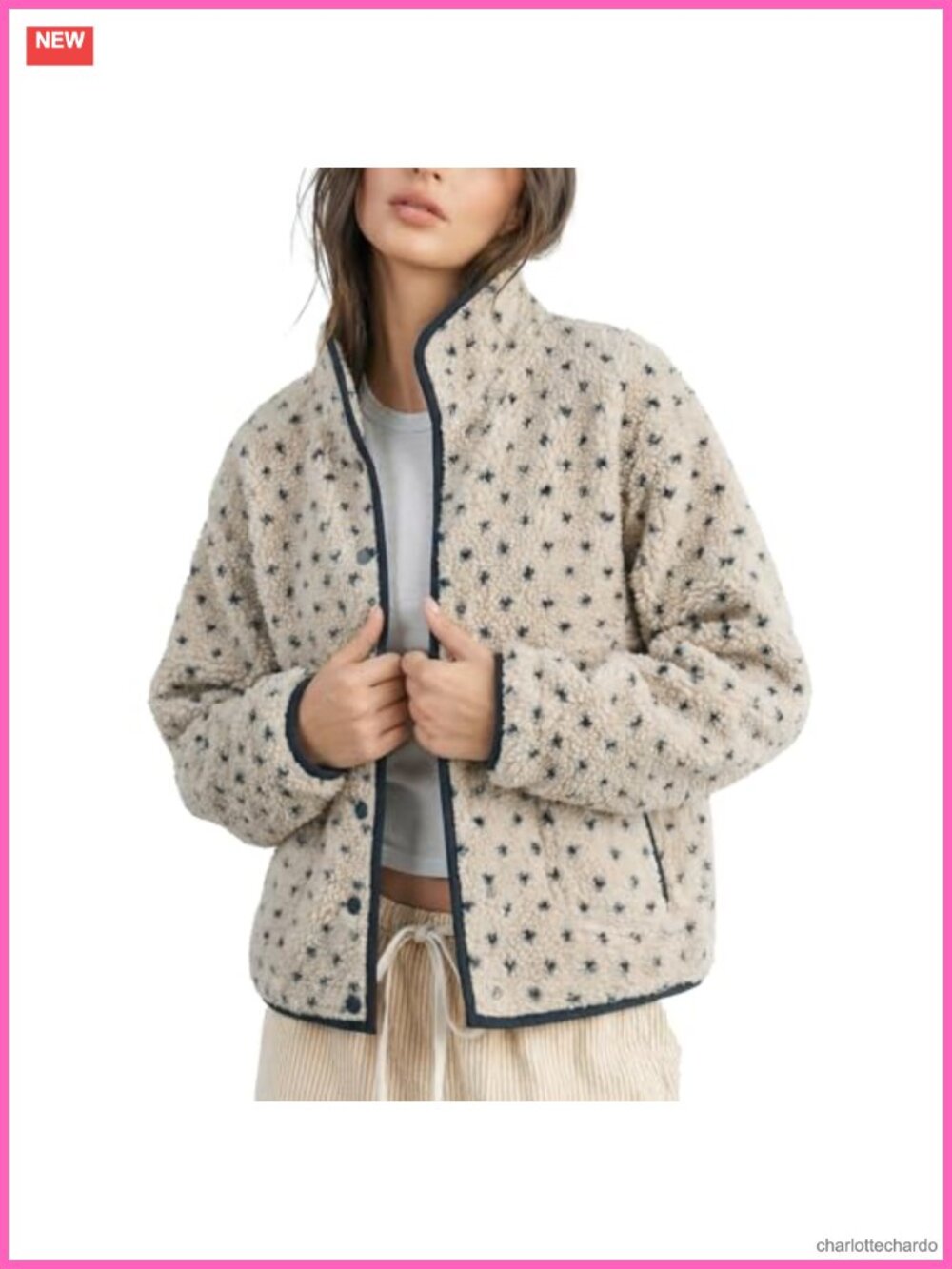 Fleece Jacket Women Long Sleeve Button Down Polka Dot Winter Coat